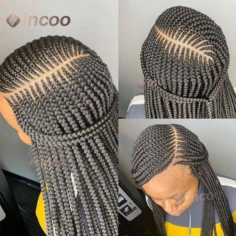 36" Cornrow Braided Wigs Synthetic Handmade Side Part Braided Wig Full Lace Frontal Braiding Wig Goddess Knotless Box Braids Wig