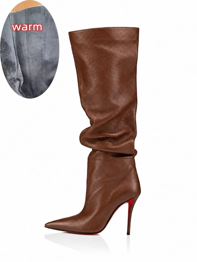 Ladies Ruched Knee‑High Leather Boots Pointed Toe Thin Stiletto Heel Long Booties Chic Dress Shoes for Club & Urban Occasions