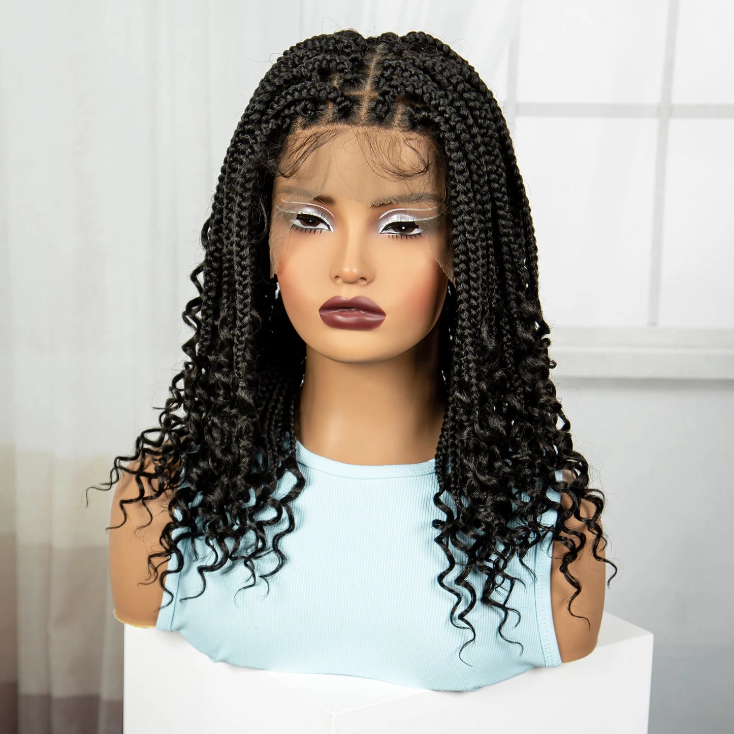 Knotless Box Boho Braided Wigs with Curly Ends Synthetic Full Lace Braided Lace Wigs Short Braided Bob Wig for Black Women