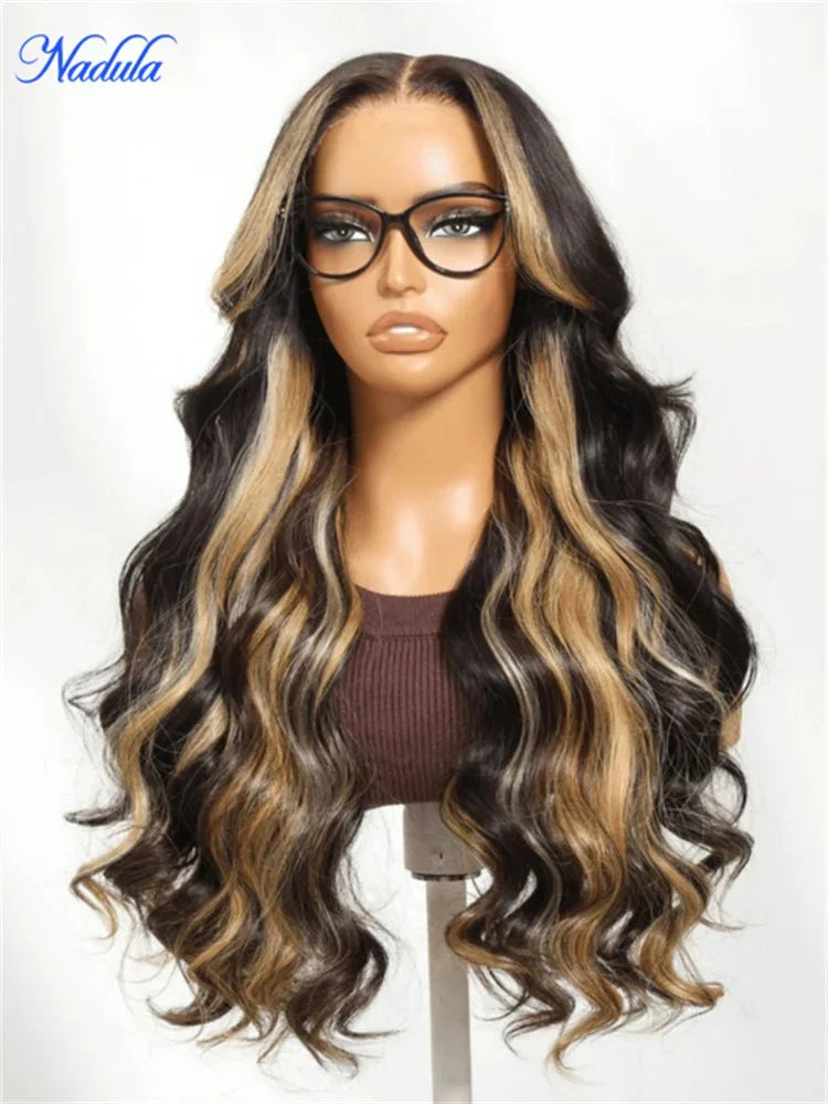 Nadula Highlights Blonde Human Hair Wig with Face-Framing Loose Wave 7x5 Pre Cut HD Transparent Lace Glueless Wig 100% Human Hair Pre Bleached Knots Pre Plucked Put and Go Drawstring Wig for All Heads Sizes Last More Than 1 Y