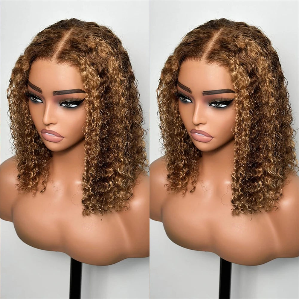 Highlight Short Bob Wigs Deep Wave 13x4 Lace Frontal Wig Human Hair Kinky Curly Frontal Bob Wig 4/27 Ombre Color 250% Density