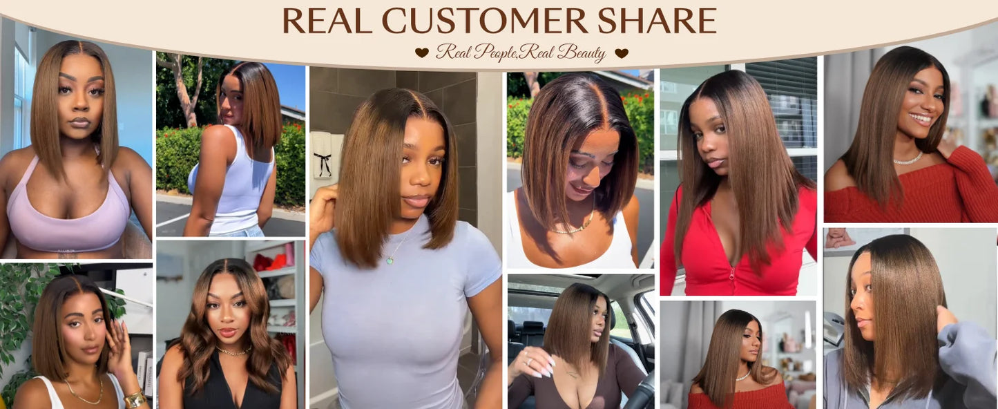 UNice Hair 7x5 & 13x4 Lace Chestnut Brown Ombre Yaki Straight Bob Wig With Drawstring Pre Cut Pre Bleached Glueless Wig Human Hair Ready To Wear