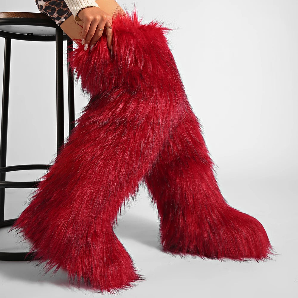Women's Cozy Faux Fur over the Knee Boots Thigh High Fluffy Y2K Furry Fuzzy Warm Outdoor Comfortable Girls Boot