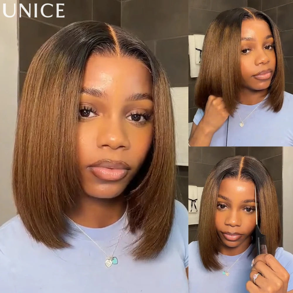 UNice Hair 7x5 & 13x4 Lace Chestnut Brown Ombre Yaki Straight Bob Wig With Drawstring Pre Cut Pre Bleached Glueless Wig Human Hair Ready To Wear