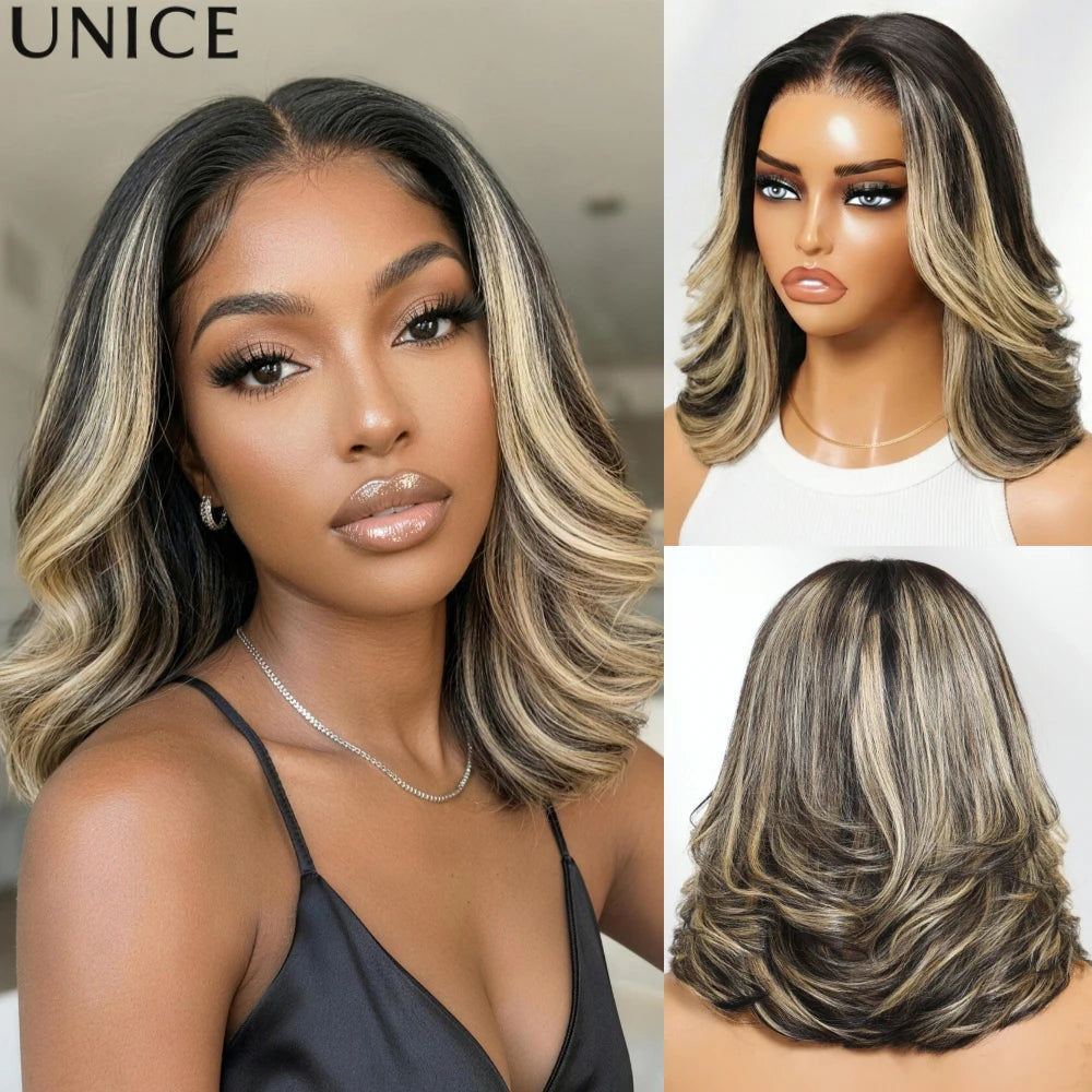 UNice No-Slip 7x5 Lace Black With Blonde Highlights Wavy Bob Human Hair Wig With Face-Framing Layers & Invisi Drawstring Glueless Wig Ready to Wear 150% Density