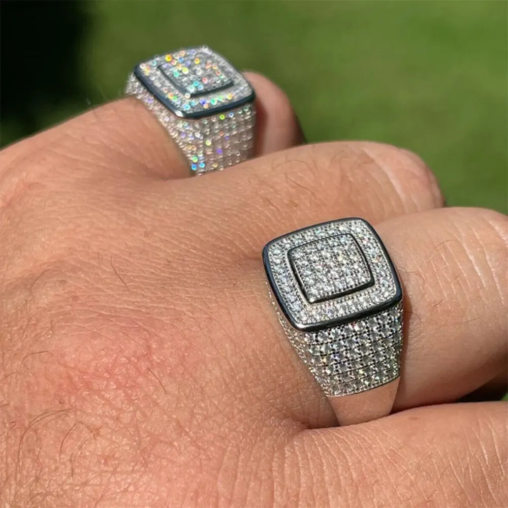 Square Micro Pave Set CZ Ring Cluster Iced Out Band Mens Bling Zircon Little Finger Ring for Men Hip Hop Rapper Jewelry