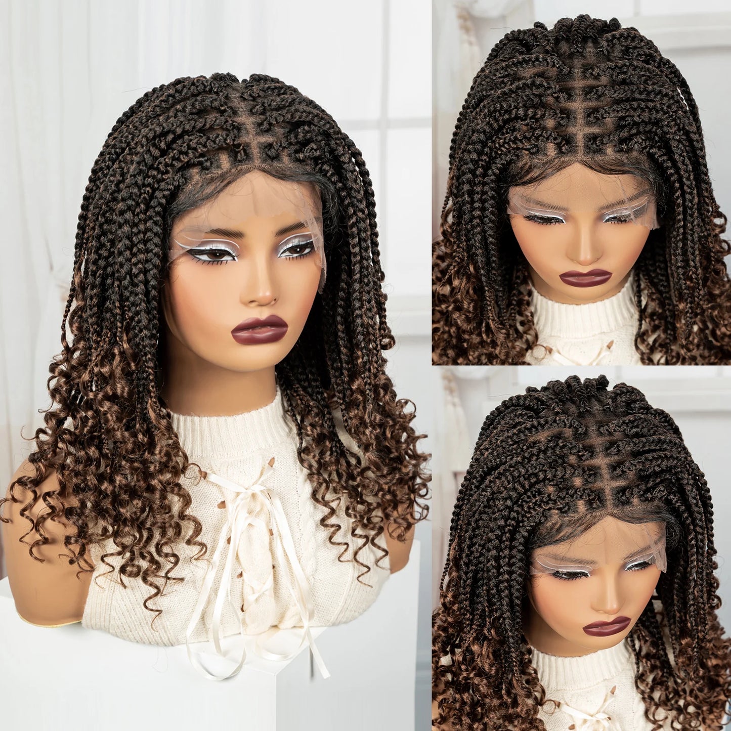 Knotless Box Boho Braided Wigs with Curly Ends Synthetic Full Lace Braided Lace Wigs Short Braided Bob Wig for Black Women