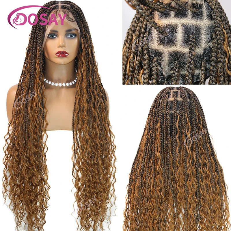 36" Full Lace Boho Braided Wigs Synthetic Knotless Box Braids Wig for Black Women Ombre Blonde Curly Hair Ends Goddess Braid Wig