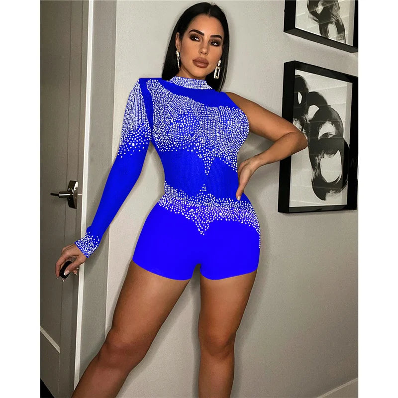 Sparkly Rhinestones Mesh Rompers Womens Jumpsuit Shorts Sexy Birthday Club Outfits One Sleeve Sheer Bodycon Playsuit Woman 2022