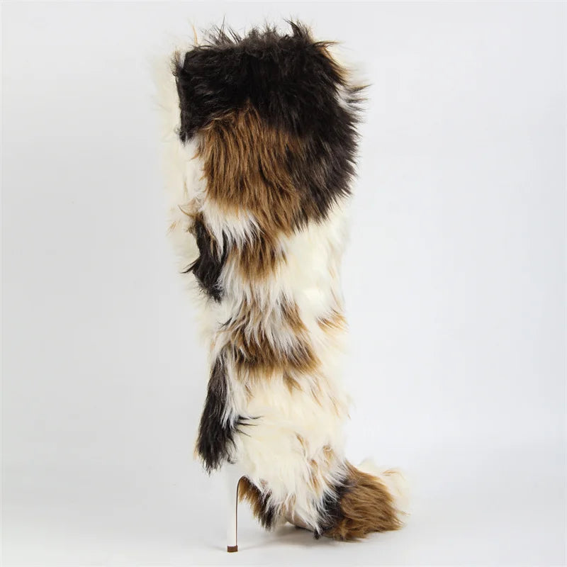 Onlymaker  Women Knee High Boots Thin High Heel Furry Boots Faux Fur Fury Boots Winter Plush Boots
