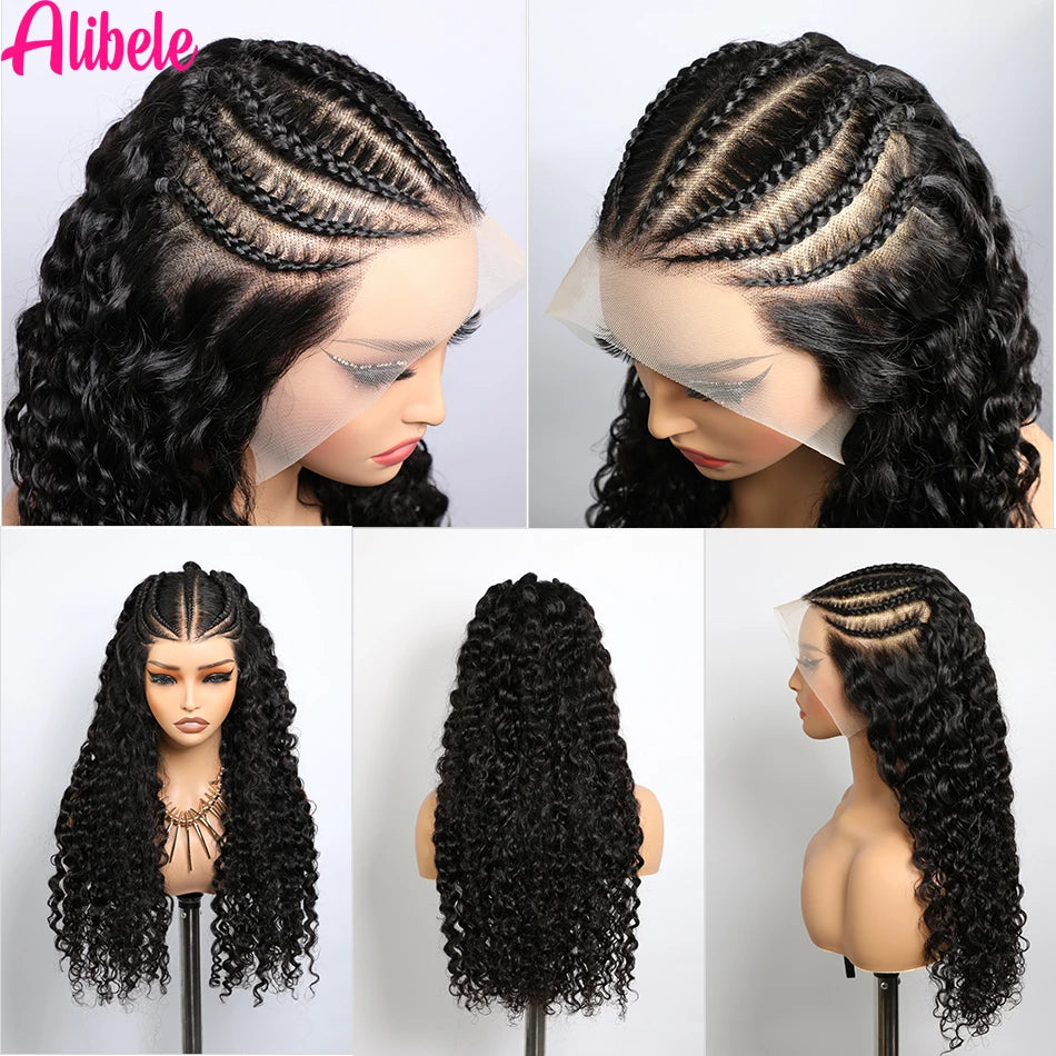 Alibele Pre-Braided Wig 13x6 Full Lace Frontal Human Hair Wigs Water Wave 13x6 200% Density Water Wave Wig Natural Black Color
