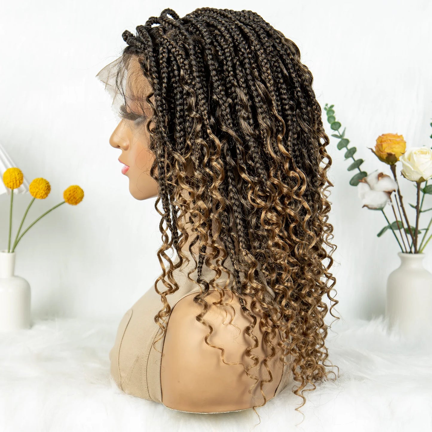Kima Short Bohemian Box Braids Braided Wig Full Lace Boho Braided Wigs Synthetic Curly Hair with Baby Hair for Black Women