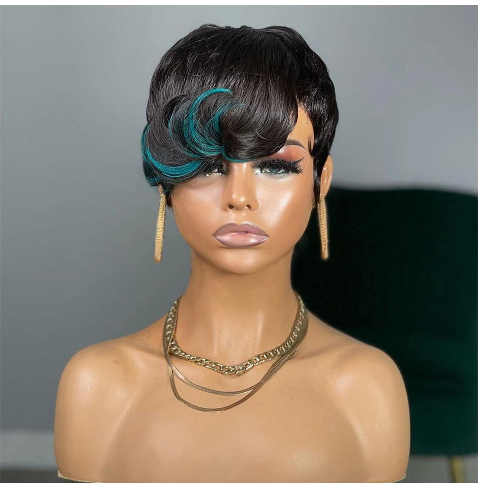 Short Pixie Cut Wigs Human Hair Blonde Green Highlight Short Bob Wigs 613 Burgundy 99J Colored Brown full Machine made Wigs