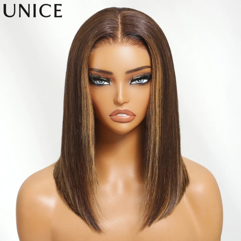 UNice Espresso Brown With Highlights Straight Bob Wig No-Slip 7x5 Lace Glueless Wig Human Hair Ready To Wear