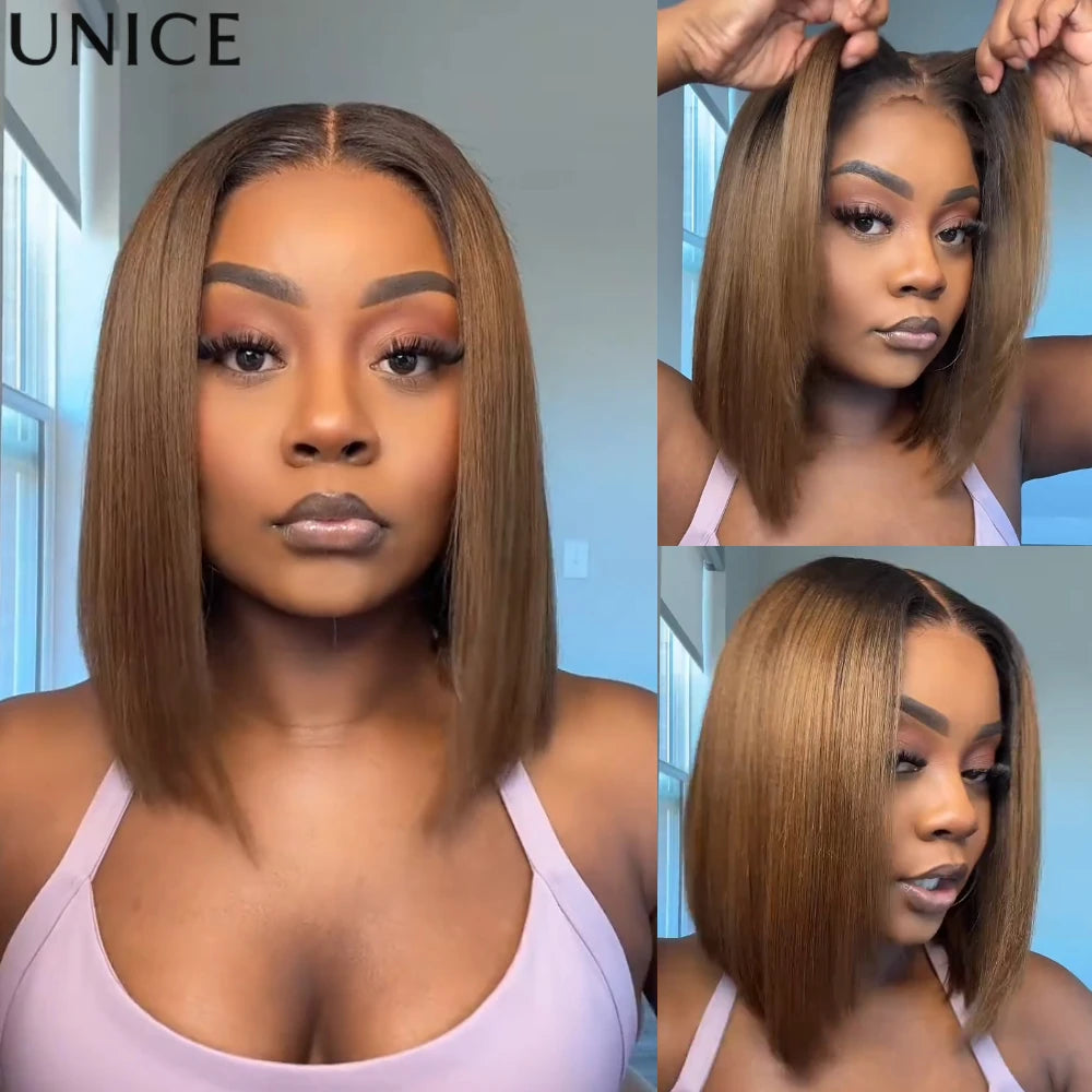 UNice Hair 7x5 & 13x4 Lace Chestnut Brown Ombre Yaki Straight Bob Wig With Drawstring Pre Cut Pre Bleached Glueless Wig Human Hair Ready To Wear