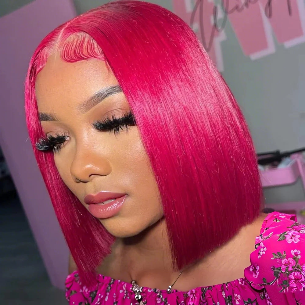 Hot Pink Color Short Straight Bob Wig 180% Density 13x4 Lace Front Human Hair Wig Perfect For Creating A Natural Look