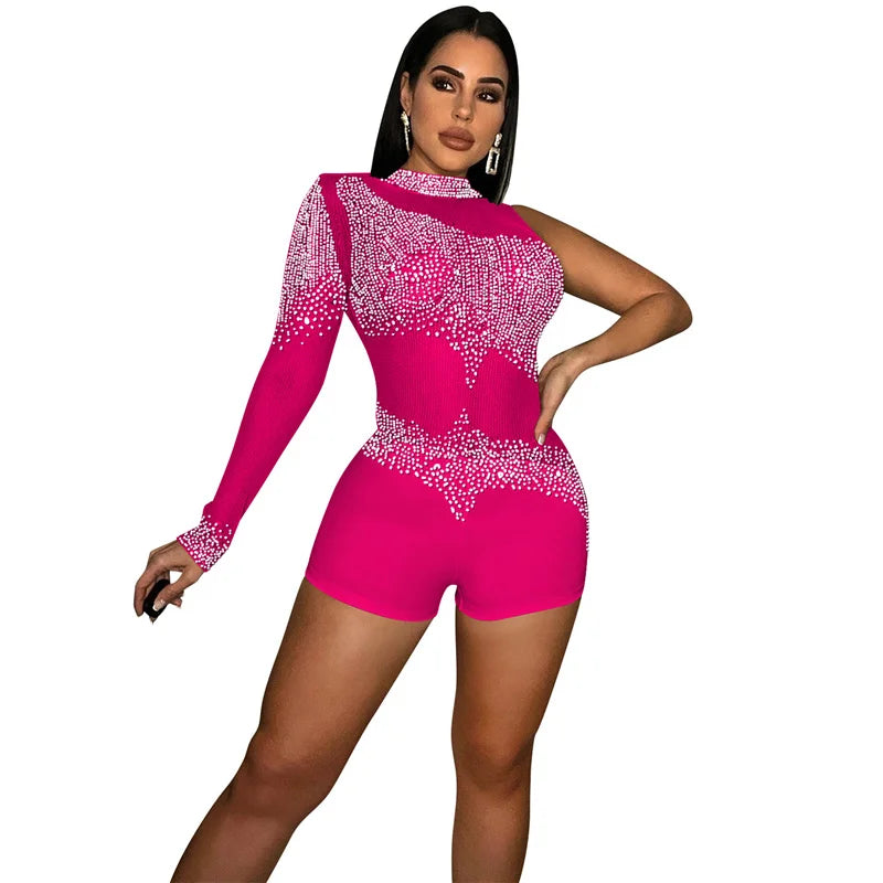 Sparkly Rhinestones Mesh Rompers Womens Jumpsuit Shorts Sexy Birthday Club Outfits One Sleeve Sheer Bodycon Playsuit Woman 2022