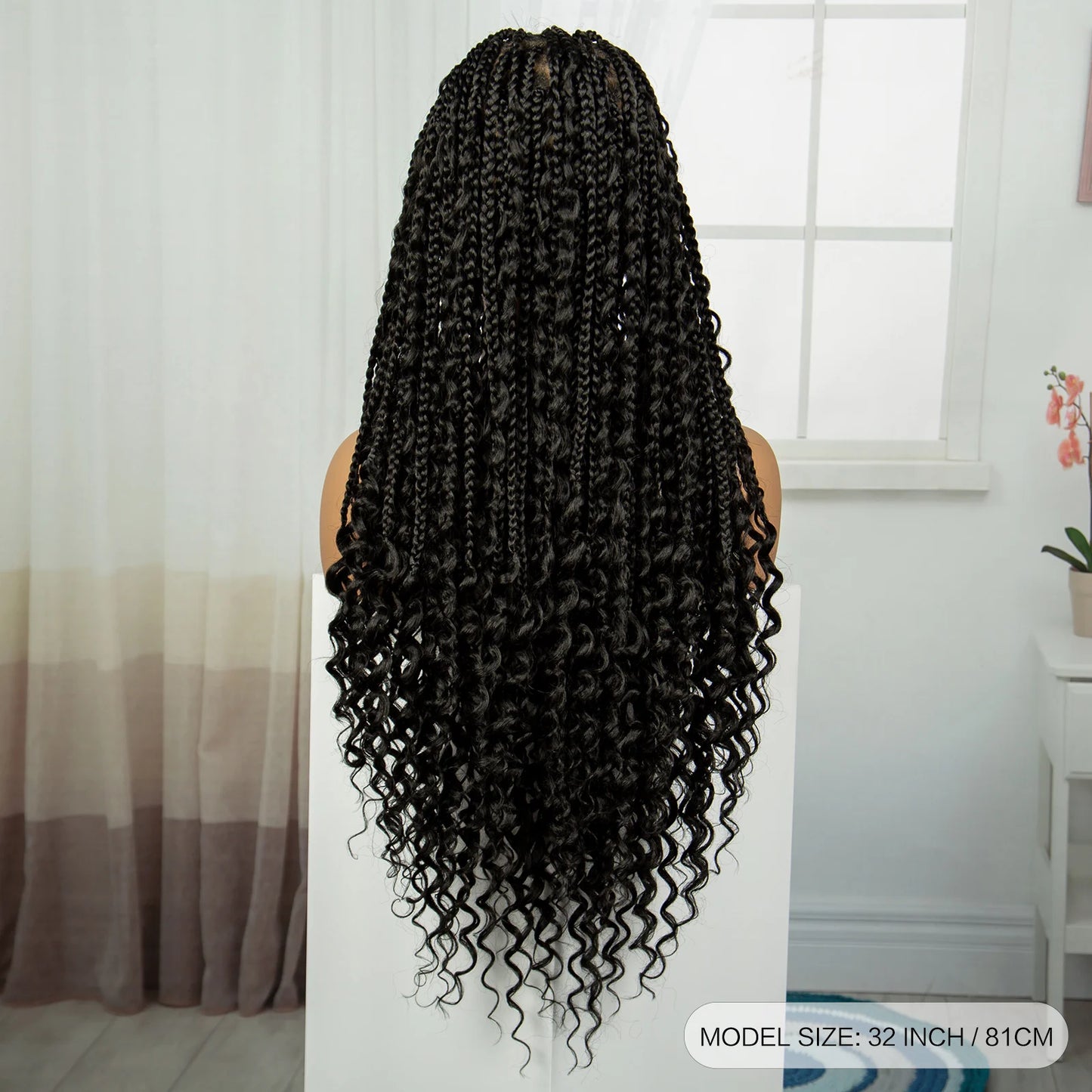 32 inch Synthetic Braided Wigs Natural Curly Boho Braideds Wigs Full Lace Knotless Box Braids Wig with Baby Hair for Black Women