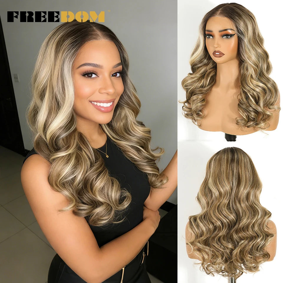 FREEDOM Body Wave Synthetic Lace Front Wigs For Women 9x6 Pre Plucked Lace Wig 20 inches Pre-cut Ombre Brown Blonde Cosplay Wigs