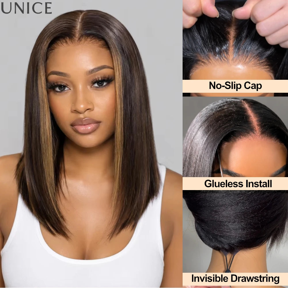 UNice Espresso Brown With Highlights Straight Bob Wig No-Slip 7x5 Lace Glueless Wig Human Hair Ready To Wear