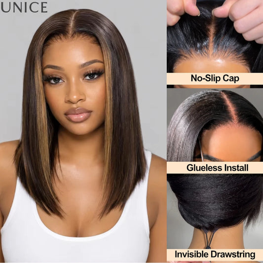 UNice Espresso Brown With Highlights Straight Bob Wig No-Slip 7x5 Lace Glueless Wig Human Hair Ready To Wear