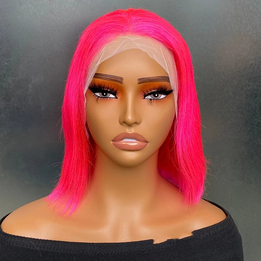Hot Pink Color Short Straight Bob Wig 180% Density 13x4 Lace Front Human Hair Wig Perfect For Creating A Natural Look