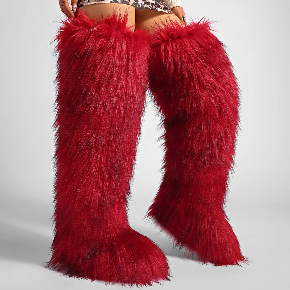 Women's Cozy Faux Fur over the Knee Boots Thigh High Fluffy Y2K Furry Fuzzy Warm Outdoor Comfortable Girls Boot