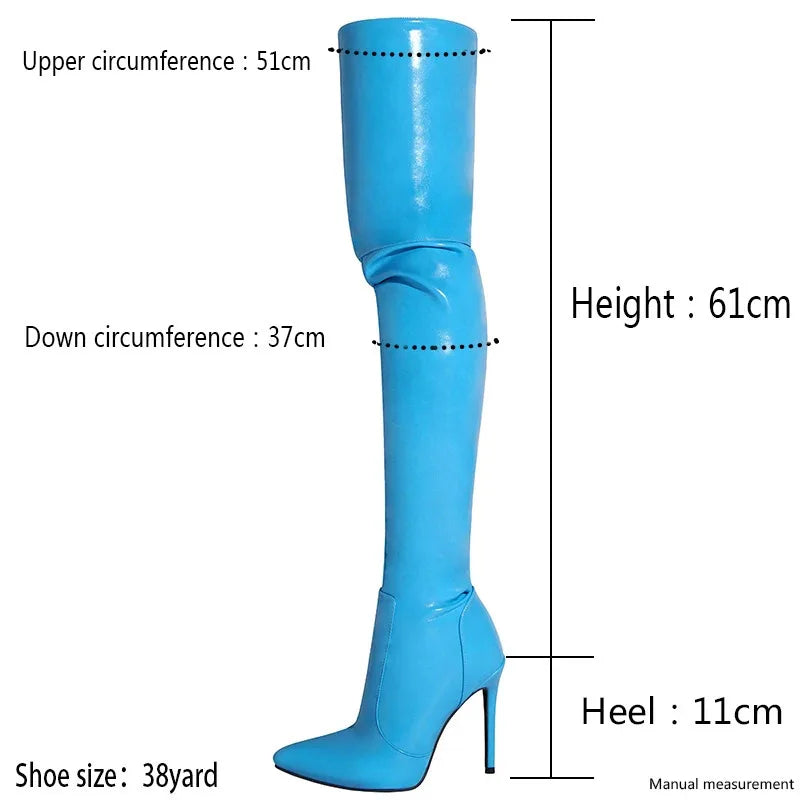 Blue Leather Stiletto Heels Thigh High Boots Women Party Nightclub Shoes Over The Knee Boots Shoes