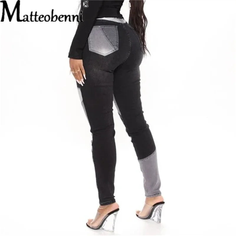 2026 Autumn And Winter High Waist Stitching Dark Denim Skinny Calf Trousers Ladies Fashion Street Casual Black Women's Jeans