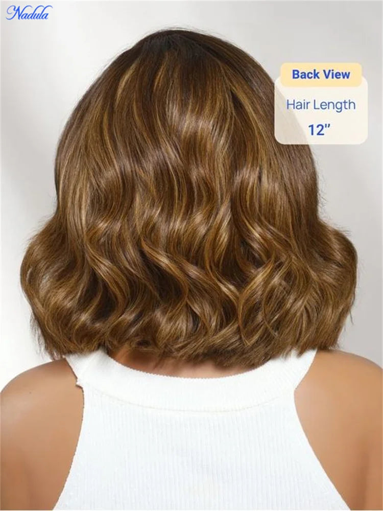 Nadula Highlights Wavy Bob Glueless Wig with Dark Root 13x4 Pre Cut Lace Bye Bye Slip Short Bob Human Hair Wig Ready to Wear