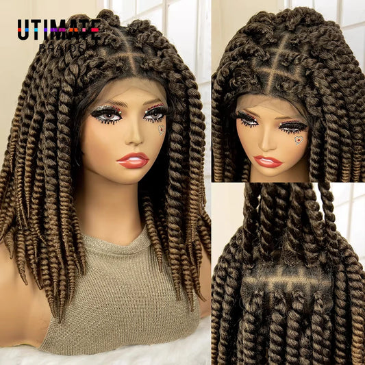 Synthetic Twisted Braided Wigs for Black Women Full Lace Synthetic Braided Wigs Brown Bob Wig Knotless 16 Inch