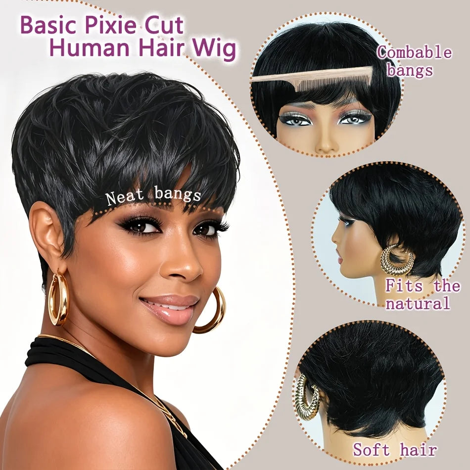Full Machine Made Human Hair Short straight Pixie Wig Natural Black Bangs Short Wig for Women