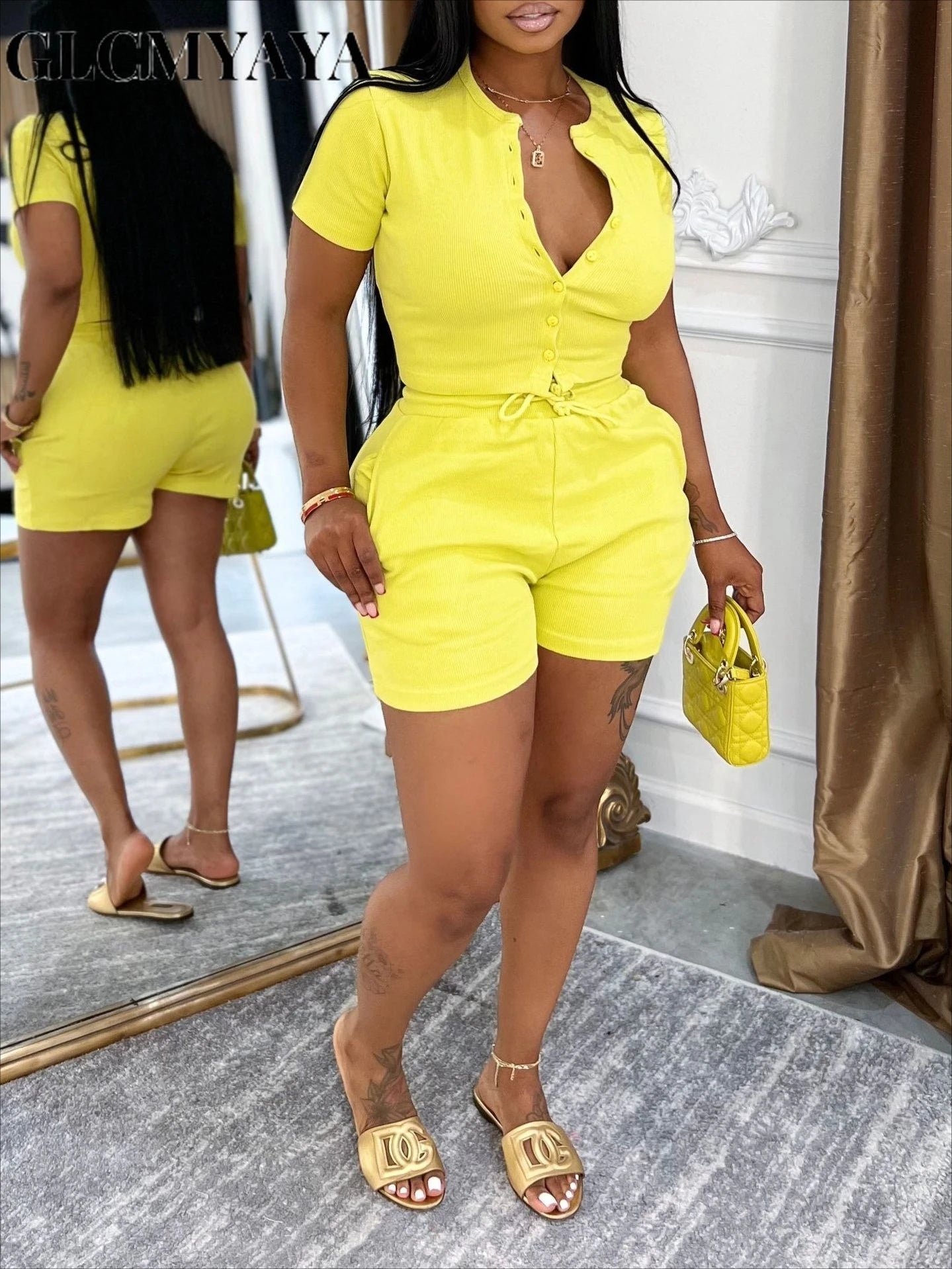 GLCMYAYA Fashion Knit Ribbed Women's Set Short Sleeve Single Breasted Tops and Shorts 2025 Tracksuit Two 2 Piece Set Outfits
