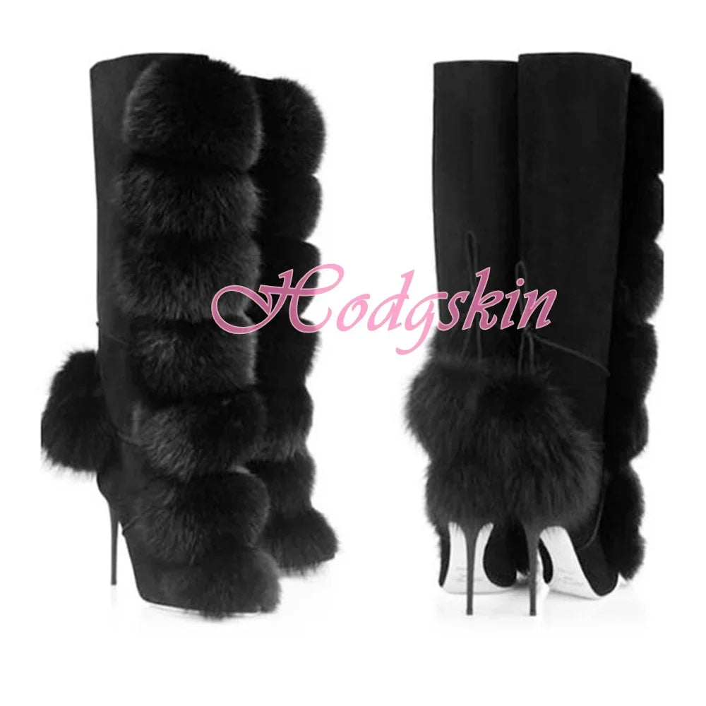 Plush Ball Lace Up Boots Stiletto Heels Solid Black Knee High Boots Pointy Toe Side Zipper Winter Women Party Dress Shoes Sexy