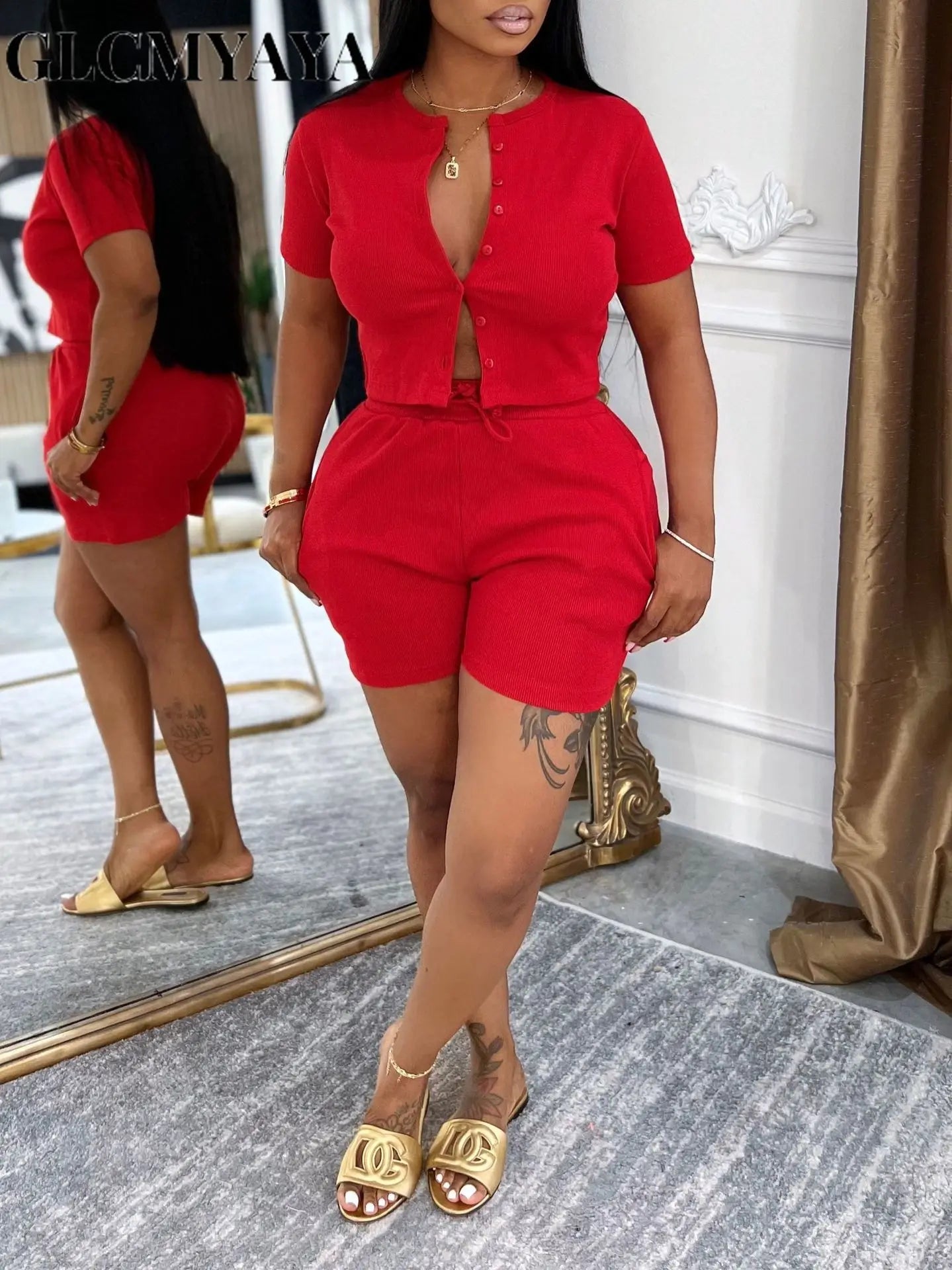 GLCMYAYA Fashion Knit Ribbed Women's Set Short Sleeve Single Breasted Tops and Shorts 2025 Tracksuit Two 2 Piece Set Outfits