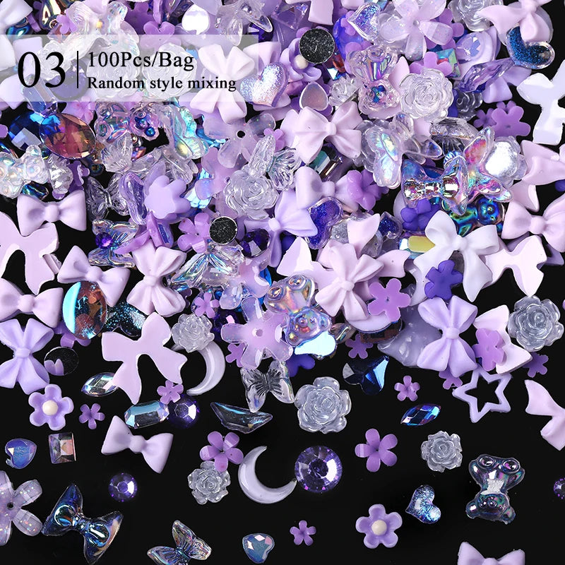 100/200pcs 3D Mixed Nail Decorations Kawaii Heart Flower Bear Pearl Design Rhinestone Nail Art Charms Jewelry Manicure Accessory