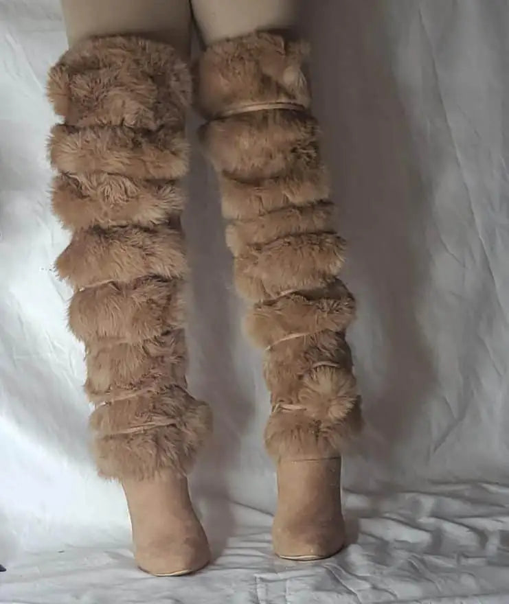 2025 Women Brown Fur Design Pointed Toe Knee High Boots Fashion Warm Lady Spike High Heel Suede Boots Sexy Women Strappy Shoes