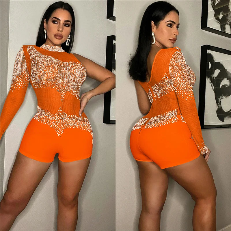 Sparkly Rhinestones Mesh Rompers Womens Jumpsuit Shorts Sexy Birthday Club Outfits One Sleeve Sheer Bodycon Playsuit Woman 2022