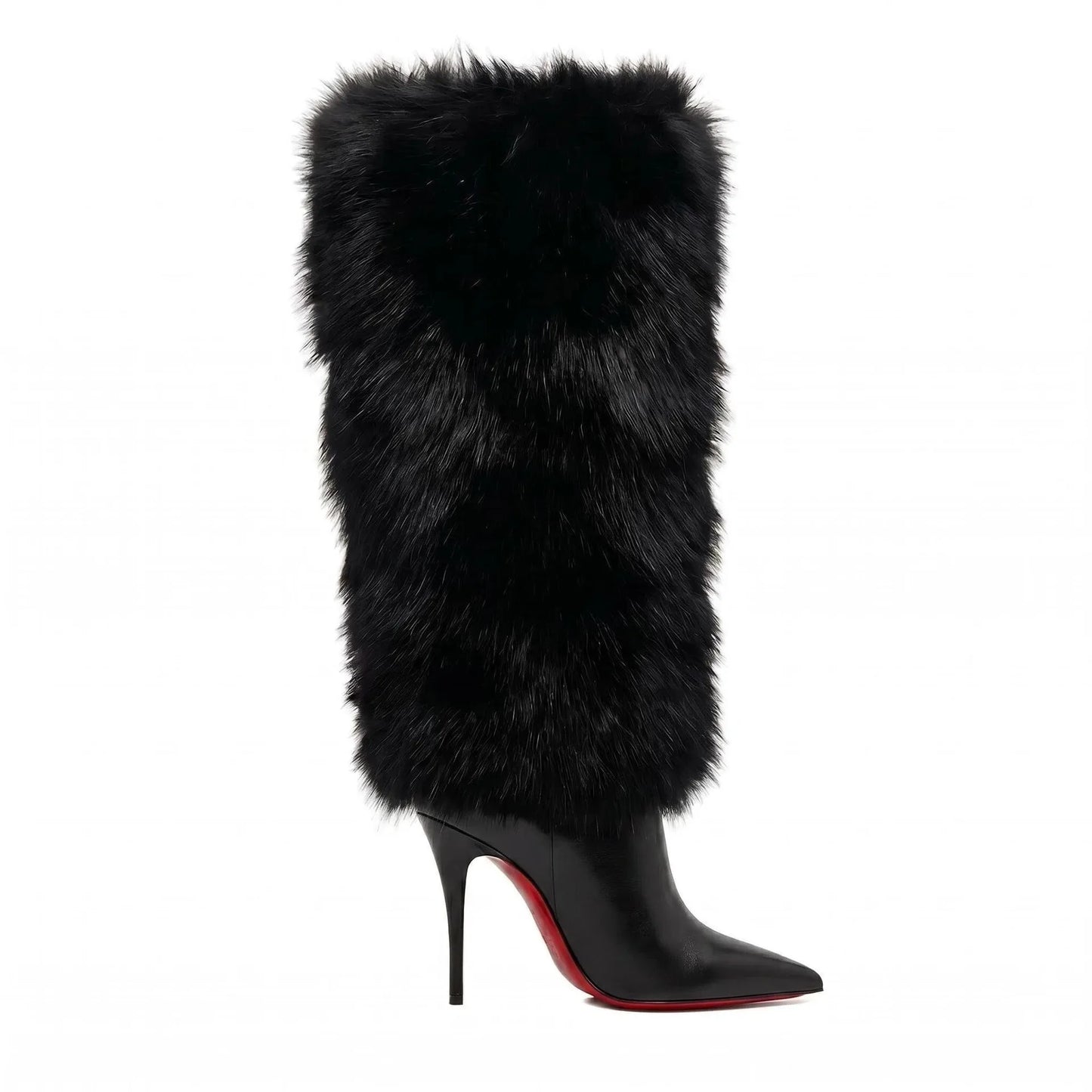 Autumn And Winter Women Fur Knee High Boots Pointed Toe Thin Stiletto Heel Leather Fashion Party Luxury Long Boots Big Size