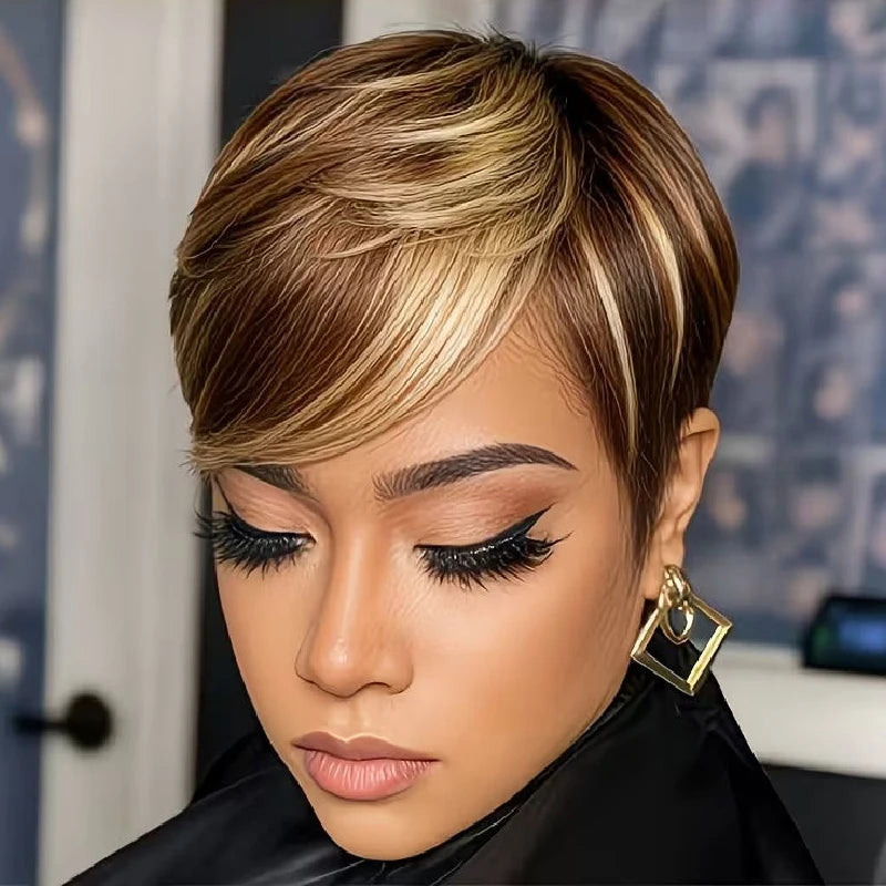 Straight Pixie Cut Human Hair Wig Full Machine Made With Bangs Brown Blonde Highlight 6Inch Short Wig For Black Women Daily Wear
