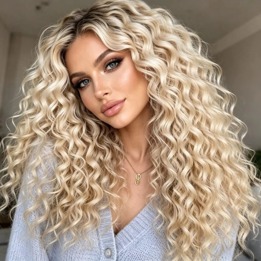 Kinky Curly Synthetic Lace Front Wigs Ombre Brown Roots Ash Blonde Wig 13x4 HD Long Curly Dance Party Street Wear Use
