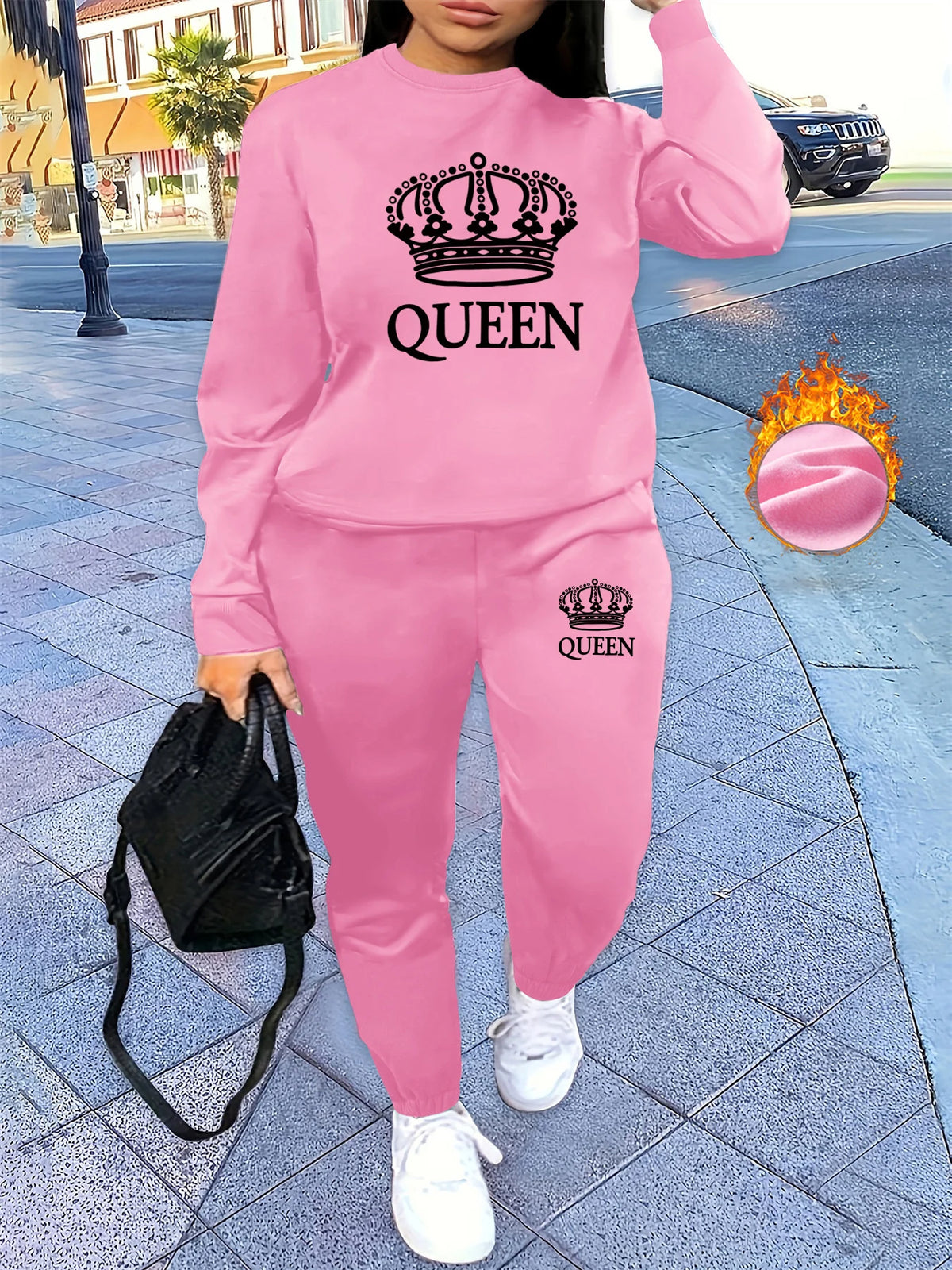 Women's Autumn/Winter Hip Hop Casual Street Classic QUEEN Pattern Printed Round Neck Sweatshirt+Sweatpants Warm Set