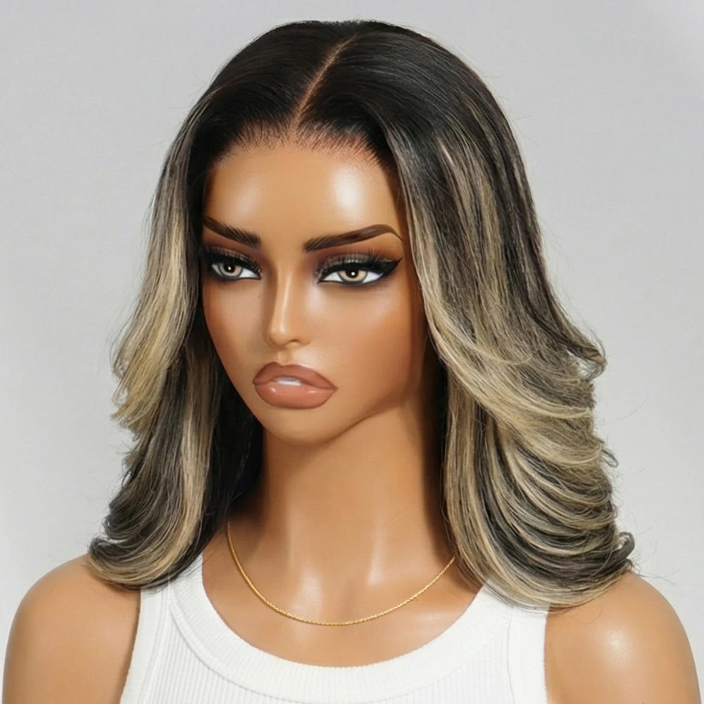 UNice No-Slip 7x5 Lace Black With Blonde Highlights Wavy Bob Human Hair Wig With Face-Framing Layers & Invisi Drawstring Glueless Wig Ready to Wear 150% Density