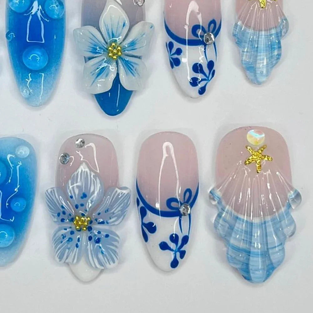 3D Blue Gradation Ocean Short Almond Press On Nails Art Party Sticker Lily Flowers Shell Gel Handwork Reuse Fake Nails Girl Gift