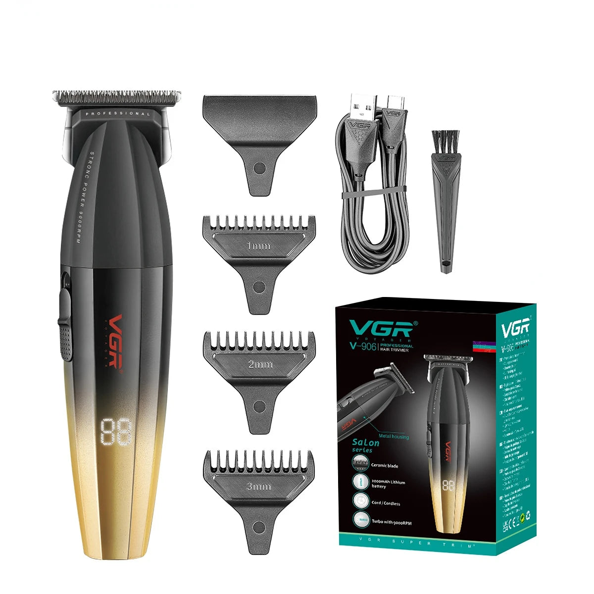 VGR Hair Trimmer Professional Hair Cutting Machine Cordless Hair Clipper 9000 RPM Haircut Barber Metal Trimmer for Men V-906