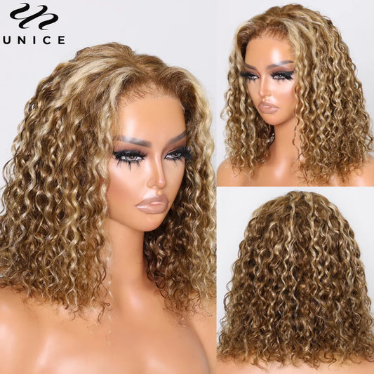 Unice Hair Blonde Highlight Water Wave Bob Wig 7x5 Bye Bye Slip Pre Cut Pre Bleached Glueless Wigs Human Hair Ready To Wear