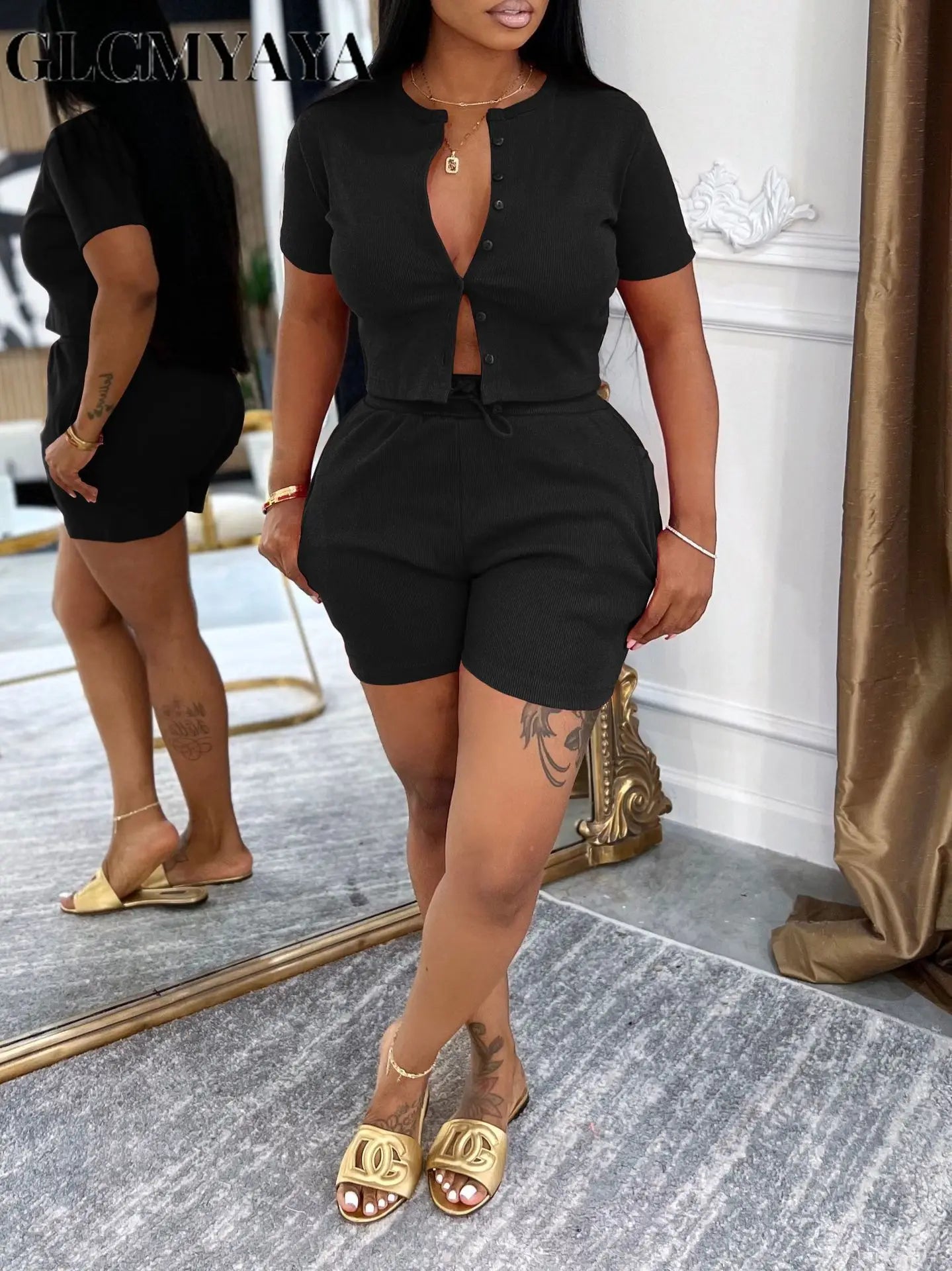 GLCMYAYA Fashion Knit Ribbed Women's Set Short Sleeve Single Breasted Tops and Shorts 2025 Tracksuit Two 2 Piece Set Outfits