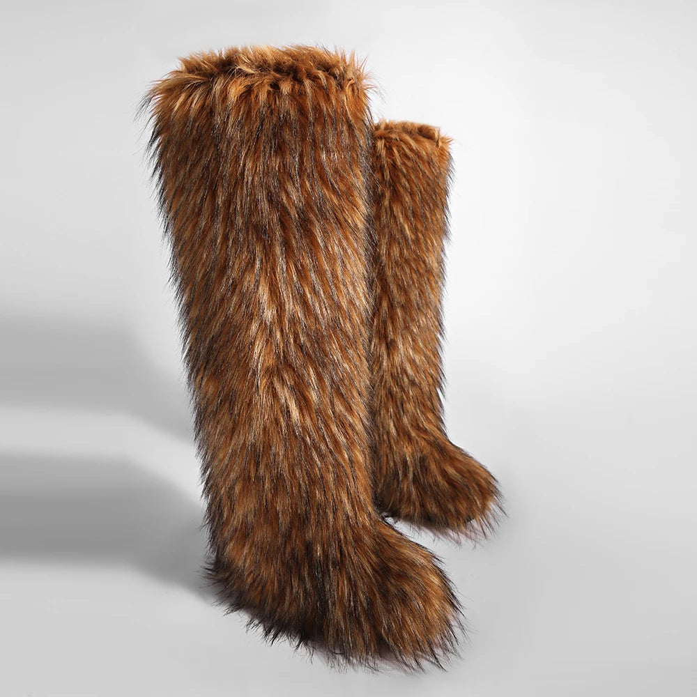 Women's Cozy Faux Fur over the Knee Boots Thigh High Fluffy Y2K Furry Fuzzy Warm Outdoor Comfortable Girls Boot