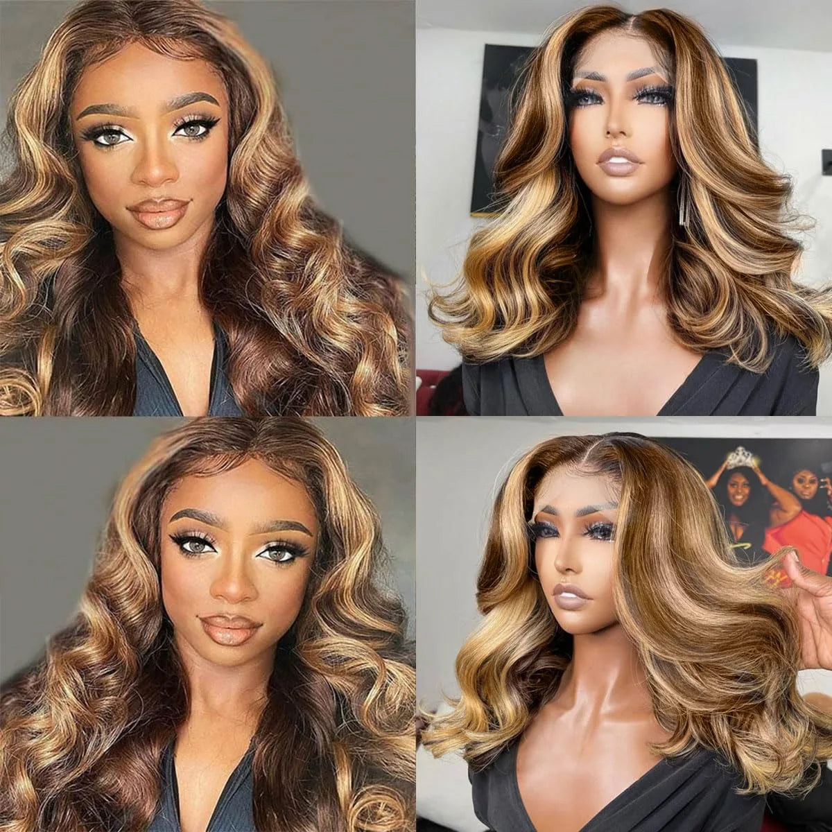 Highlight Body Wave Bob Wig Human Hair  Lace Front Human Hair Wigs For Women Honey Blonde 13X6 Transparent Lace Frontal Wig