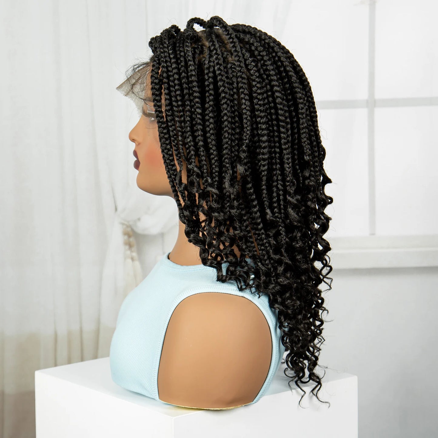 Knotless Box Boho Braided Wigs with Curly Ends Synthetic Full Lace Braided Lace Wigs Short Braided Bob Wig for Black Women